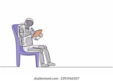 Kontinuierlich eine Linie zeichnen jungen Astronauten sitzend auf Stuhl und schreiben auf Zwischenablage. Strategie zur Raumfahrtforschung. Weltraum der Kosmonauten. Grafik-Design für einzelne Linien, Vektorgrafik
