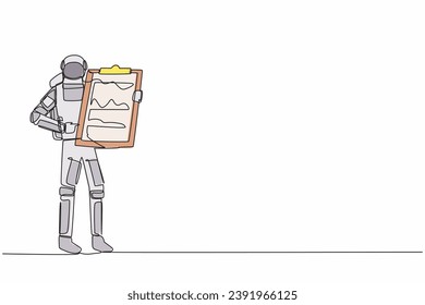 Continuous one line drawing young astronaut standing and pointing big clipboard in moon surface. Checklist of spaceman duty. Cosmonaut outer space. Single line draw graphic design vector illustration