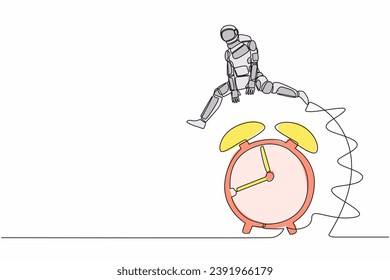 Continuous one line drawing young astronaut jumping over alarm clock. Spaceship expedition deadline, working time efficiency. Cosmonaut outer space. Single line draw graphic design vector illustration