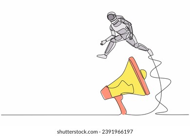 Continuous one line drawing young astronaut jumping over big megaphone. Loudspeaker technology. Announcement in space office control. Cosmonaut outer space. Single line draw design vector illustration