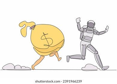Continuous one line drawing of young astronaut being chased by money bag. Hurry in achieving wealth and profit goals in spaceship company. Cosmonaut outer space. Single line design vector illustration