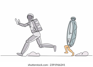 Continuous one line drawing young astronaut being chased by stopwatch. Afraid in project spaceship measurement and deadline. Cosmonaut outer space. Single line draw graphic design vector illustration