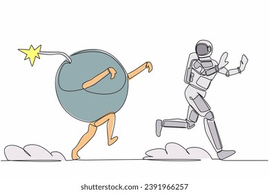 Continuous one line drawing young astronaut being chased by bomb. Afraid with galactic destruction. Future spaceship technology. Cosmonaut outer space. Single line graphic design vector illustration