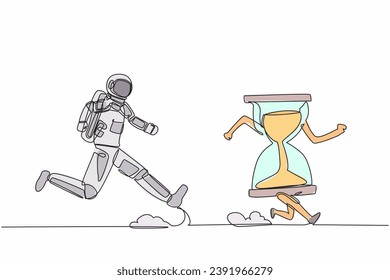 Continuous one line drawing of young astronaut run chasing hourglass in moon surface. Time management, space exploration schedule. Cosmonaut outer space. Single line graphic design vector illustration