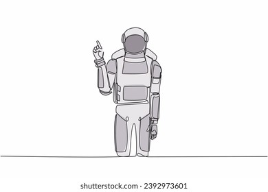 Continuous one line drawing young astronaut standing with finger index up gesture in moon surface. Emotion and body language. Cosmonaut outer space. Single line draw graphic design vector illustration