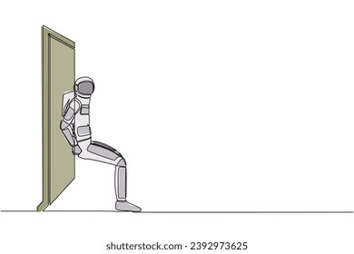 Continuous one line drawing of young astronaut pushing door with his back. Spaceman overcoming obstacles in spaceship expedition. Cosmonaut outer space. Single line graphic design vector illustration