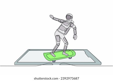 Continuous one line drawing young astronaut riding skateboard on smartphone screen. Stylish male skater in spacesuit outfit. Cosmonaut outer space. Single line draw graphic design vector illustration