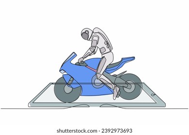 Continuous one line drawing young astronaut biker wearing helmet, riding motorcycle on smartphone screen. Online sport bike. Cosmonaut outer space. Single line draw graphic design vector illustration