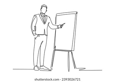 Kontinuierlich eine Zeile zeichnen junge Smart-Manager schreiben Business-Erfolg-Formel auf Flip-Chart und teilen Sie es dem Publikum. Business Training Konzept. Vektorgrafik-Illustration mit Einzelzeilenzeichnung