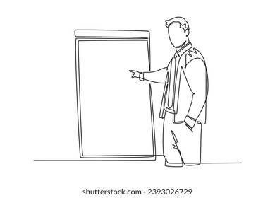 Continuous one line drawing of young business coach pointing finger to the screen board while coaching in front of class. Business coaching concept. Single line draw design vector graphic illustration