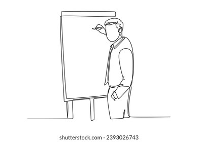 Continuous one line drawing of young presenter pointing finger on audience who want to ask while doing presentation. Workshop presentation concept. Single line draw design vector graphic illustration