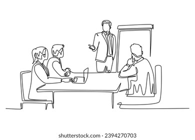 Una línea contínua dibujando a jóvenes y felices hombres de negocios discutiendo en la sala de reuniones de la oficina. Concepto de reunión de negocios y presentación. ilustración vectorial de diseño de línea única