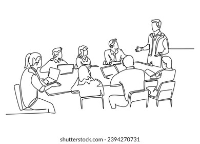Continuous one line drawing young attractive happy trainer giving life skill lesson to the class member. Business training and presentation concept. Single line draw design vector graphic illustration