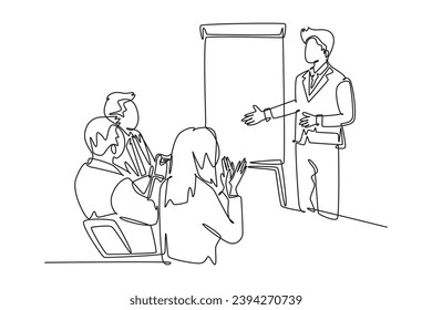 Continuous one line drawing young happy startup founder presenting business proposal to the investors and get applause. Business pitching concept. Single line draw design vector graphic illustration