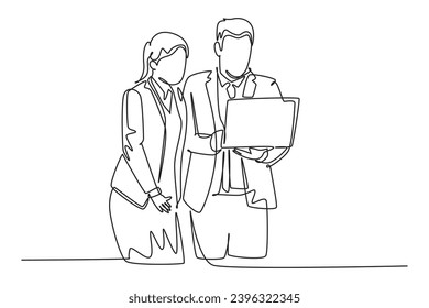 Continuous one line drawing of young male and female employee discussing work while watching annual report graph on laptop. Job discussion concept. Single line draw design vector graphic illustration
