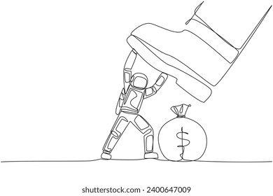 Continuous one line drawing young astronaut holds back giant foot that want to step on money bag. Get full disturbance from intruder. Cosmonaut deep space. Single line draw design vector illustration