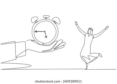 Continuous one line drawing young Arabian businessman excited to get alarm clock from the giant hand. Surprise gift. Work life balance. Manage time well. Single line draw design vector illustration