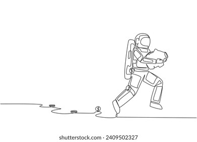 Continuous one line drawing young astronaut running while carrying a piggy bank with coins scattered around. Saving space expedition investments. Cosmonaut. Single line draw design vector illustration
