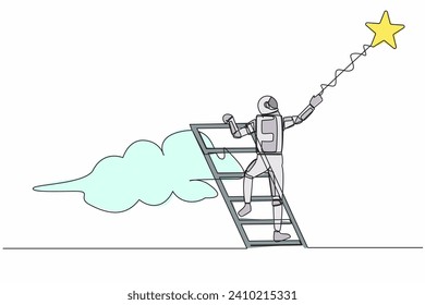 Continuous one line drawing of young astronaut climbing ladder and reaching star on sky for interstellar expedition success. Cosmonaut outer space. Single line draw graphic design vector illustration
