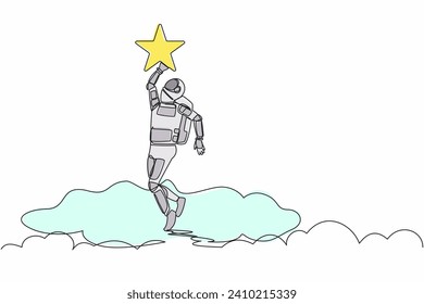 Continuous one line drawing young astronaut reaching star on the sky. Business champion to get reward in spaceship industry. Cosmonaut outer space. Single line draw graphic design vector illustration