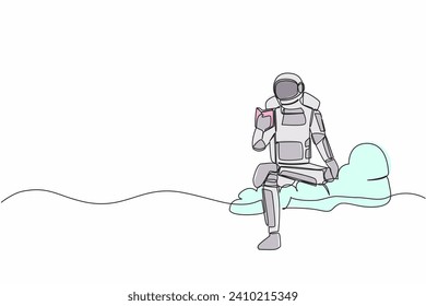 Continuous one line drawing young astronaut sitting on cloud reading book. Study literature or research in wormhole exploration. Cosmonaut outer space. Single line graphic design vector illustration
