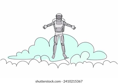 Continuous one line drawing young astronaut on top of cloud with raised hand. Successful future spaceship technology development. Cosmonaut outer space. Single line graphic design vector illustration