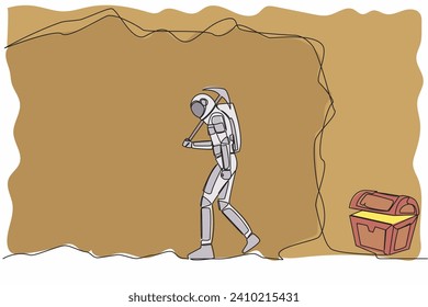 Continuous one line drawing young astronaut stop trying and give up digging. Not knowing treasure chest is almost revealed. Cosmonaut outer space. Single line draw graphic design vector illustration