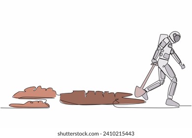 Continuous one line drawing young astronaut walking unsteadily leaving hole dug and dragging shovel. Gave up in moon exploration. Cosmonaut outer space. Single line graphic design vector illustration