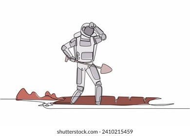 Continuous one line drawing young astronaut wipes sweat on his forehead while digging hole. Spaceman never give up on duty. Cosmonaut outer space. Single line draw graphic design vector illustration