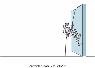Continuous one line drawing young astronaut climbing over wall with rope in moon surface. Challenge in spaceship expedition. Cosmonaut outer space. Single line draw graphic design vector illustration