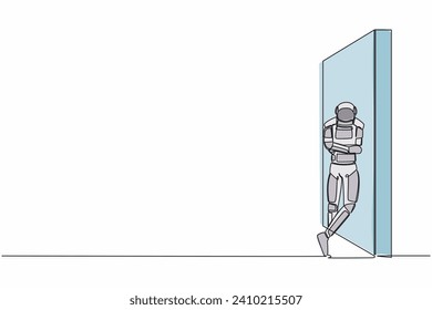 Continuous one line drawing young astronaut standing and leaning against wall in moon surface. Thinking about space exploration. Cosmonaut outer space. Single line graphic design vector illustration