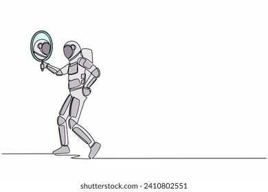 Continuous one line drawing young astronaut holding hand mirror. Spaceman looking at himself in mirror. Narcissism and reflection. Cosmonaut outer space. Single line graphic design vector illustration