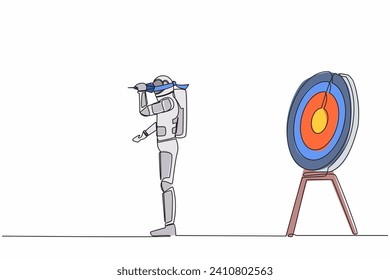 Continuous one line drawing young astronaut using blindfold and shoot dart on wrong target. Failed spaceman in space exploration. Cosmonaut outer space. Single line graphic design vector illustration