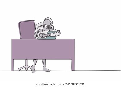 Continuous one line drawing of young astronaut sitting and hugging laptop at office desk. Accomplish interstellar expedition. Cosmonaut outer space. Single line draw graphic design vector illustration