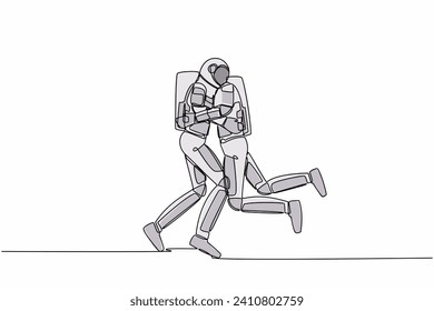 Continuous one line drawing young astronaut jumps and hugs his friend. Happiness between two friends. Reunion after years apart. Cosmonaut outer space. Single line graphic design vector illustration