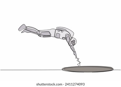 Continuous one line drawing of young astronaut jump into hole. Failure to take advantage of spaceship business opportunities. Cosmonaut outer space. Single line draw graphic design vector illustration