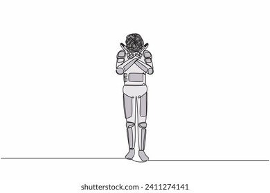 Continuous one line drawing young astronaut with round scribbles instead of ahead, making x symbol, crossing hands, rejection, displeased. Cosmonaut outer space. Single line design vector illustration
