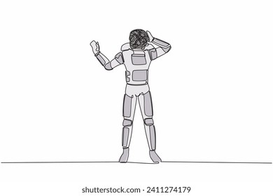 Continuous one line drawing young astronaut with round scribbles instead of head, stop gesture. Covering eyes with hand, fear, expression. Cosmonaut outer space. Single line design vector illustration