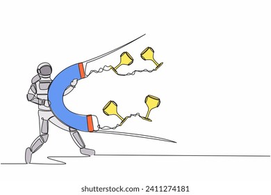 Continuous one line drawing of young astronaut attracting many trophy with huge magnet. Achievement spaceship business goals. Cosmonaut outer space. Single line draw graphic design vector illustration