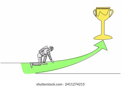 Continuous one line drawing young astronaut get ready to sprint run and get trophy. Planning in spaceship galactic journey. Cosmonaut outer space. Single line draw graphic design vector illustration