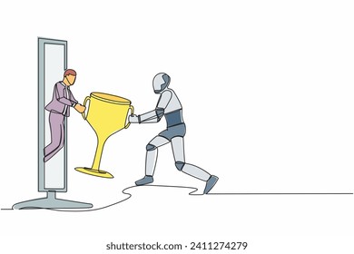 Dibujo continuo de una línea de un joven macho que le da trofeo a un robot desde la pantalla de la computadora. Ganador, liderazgo, logro. Desarrollo robótico futuro. ilustración vectorial de diseño de línea única