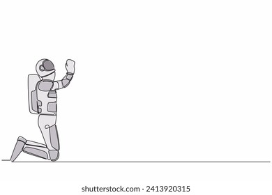 Continuous one line drawing young astronaut on his knees and ask for help or praying. Hoping for successful in orbital adventure. Cosmonaut outer space. Single line graphic design vector illustration
