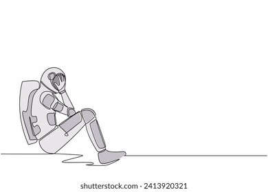 Continua línea que dibuja a un joven astronauta sentado en el suelo con la cara cubierta, sintiéndose triste por el fracaso del viaje cósmico. Espacio ultraterrestre Cosmonauta. Ilustración vectorial de diseño gráfico de una sola línea