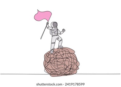 Continuous one line drawing young energetic astronaut standing on giant tangled circle holding fluttering flag. Tangles in space. Trouble outer space. Hectic. Single line design vector illustration