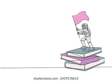 Continuous one line drawing young astronaut standing on stack of giant books holding fluttering flag. Collect scientific journals as a guide during space expeditions. Single line draw design vector