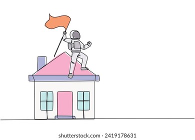 Continuous one line drawing young energetic astronaut standing on miniature house holding fluttering flag. Martians finish building house on the red planet. Single line draw design vector illustration