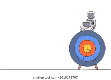 Continuous one line drawing young astronaut sitting on giant arrow board target typing laptop. Focus on solving expeditions have problems with first-degree damage. Single line draw vector illustration