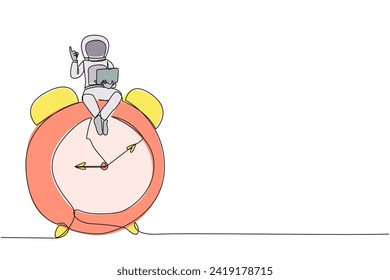 Continuous one line drawing young energetic astronaut sitting on giant alarm clock holding laptop raise one hand. Deadline work in spaceship launch planning. Single line design vector illustration