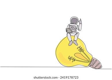 Continuous one line drawing young astronaut sitting on giant lightbulb holding laptop raise one hand. A gesture has the latest brilliant idea for an expedition. Single line draw vector illustration