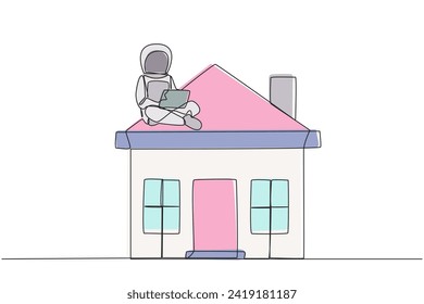 Continuous one line drawing young astronaut sitting on miniature house typing laptop. Astronauts on the surface of moon transferring mortgage payments. Single line draw design vector illustration
